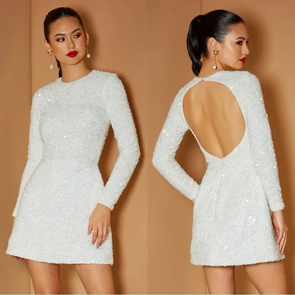 green emerald velvet dress Velvi - Sylvia Mini Dress - Champagne - Long Sleeve Sequin Short Dress - Final Sale main image 0
